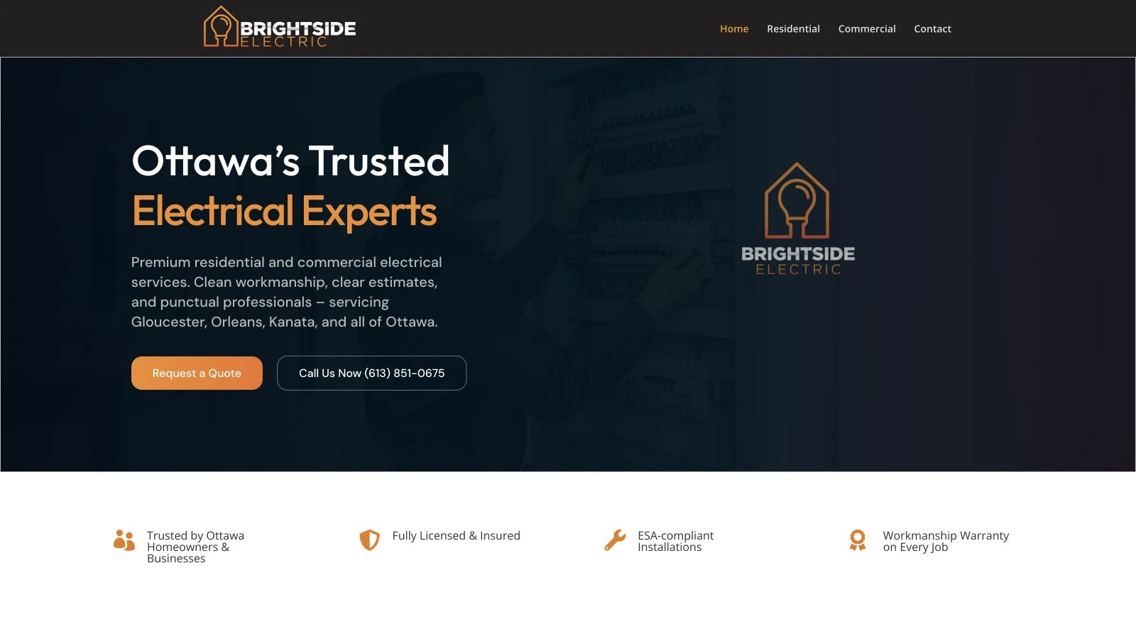 Brightside Electric homepage with Ottawa electrical services and quote call to action