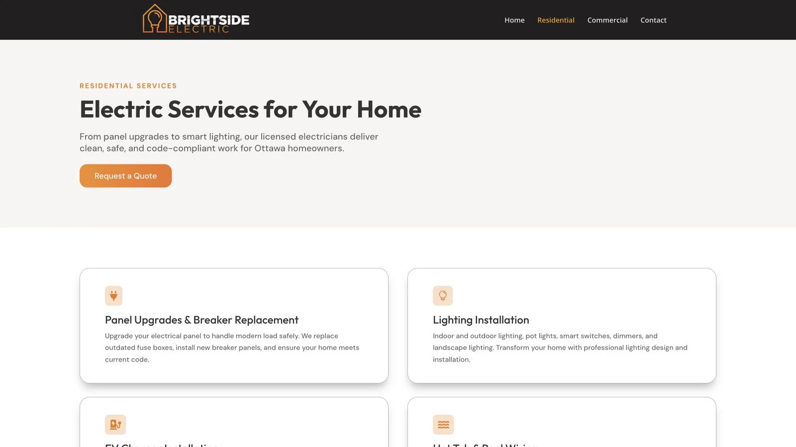Brightside Electric residential services page with electrical service cards