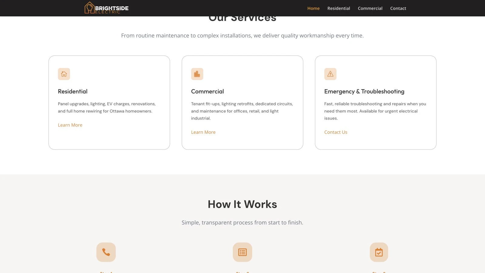 Brightside Electric residential and commercial services section captured from the live website