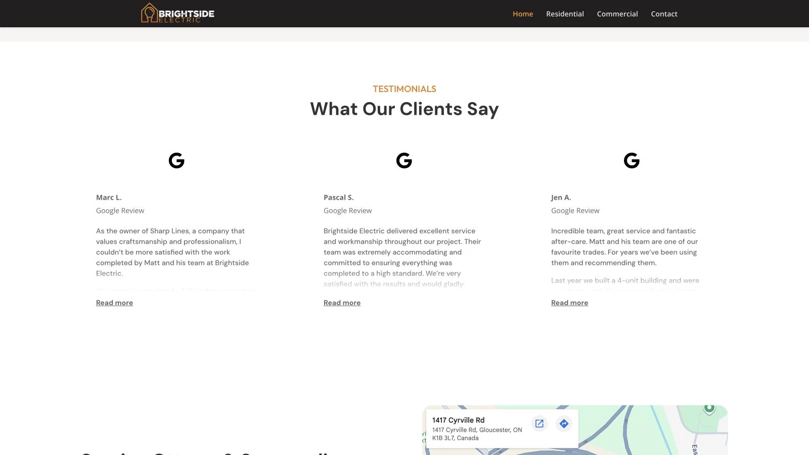Brightside Electric testimonials and local trust section captured from the live website