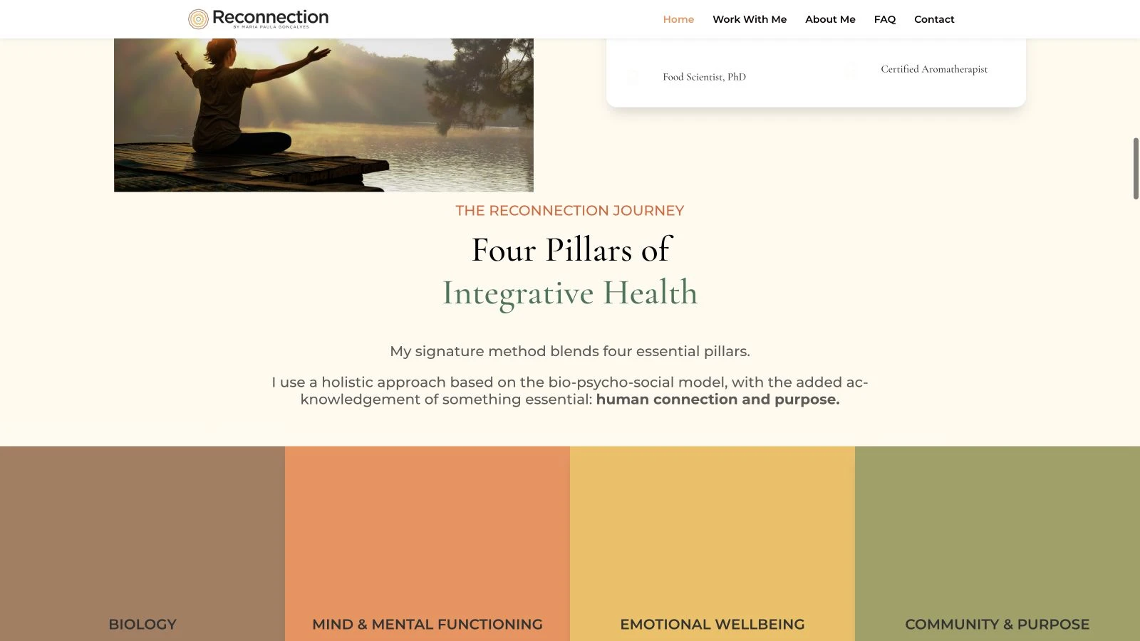 Reconnection homepage contact area and practitioner credentials
