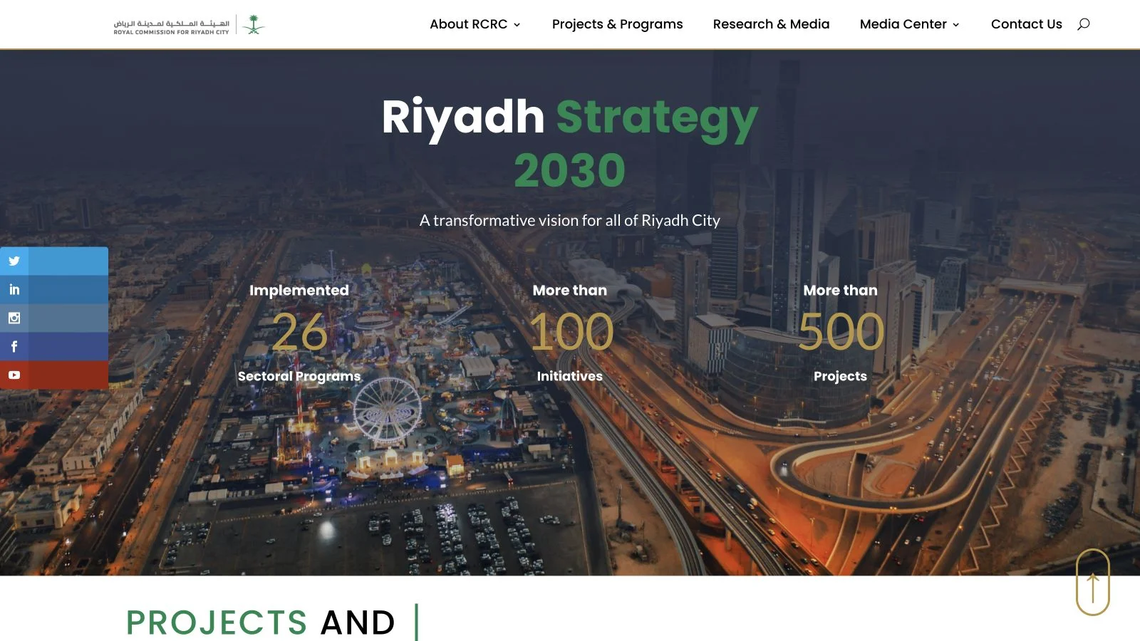 Royal Commission for Riyadh City Riyadh Strategy 2030 section with city aerial view